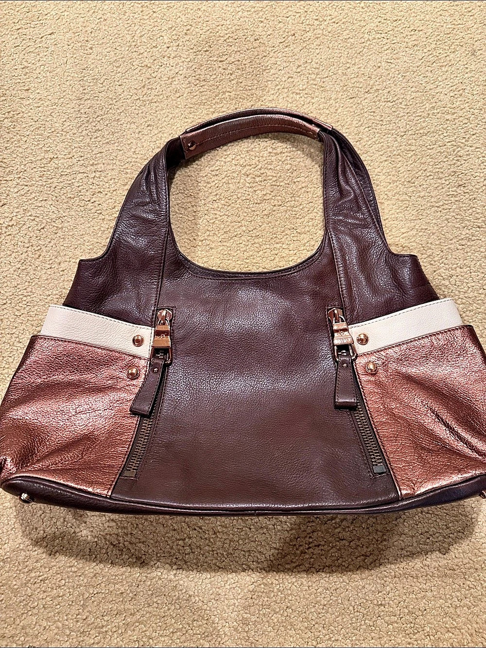 B Makowsky Leather Hobo Bag in Brown, Beige, Copper